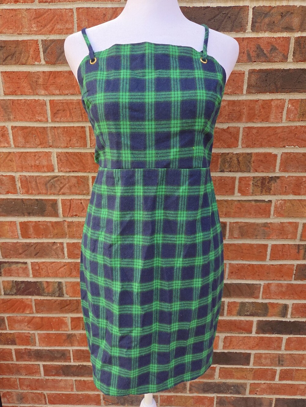 NWT Olive Scent Green Navy Plaid Cutout Back Tie Mini Dress